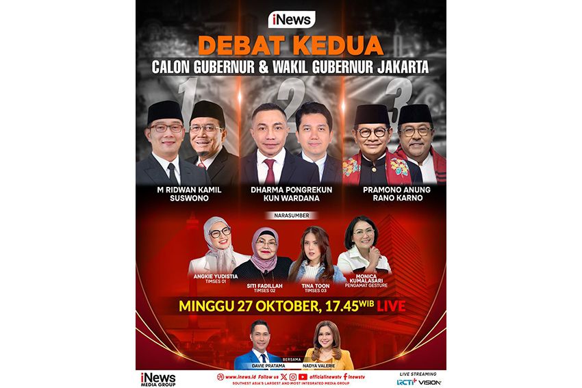 Jangan Lewatkan Debat Kedua Cagub dan Cawagub Jakarta 2024 Bersama Davie Pratama dan Nadya Valerie, Sore Ini Pukul 17.45 WIB Live di iNews