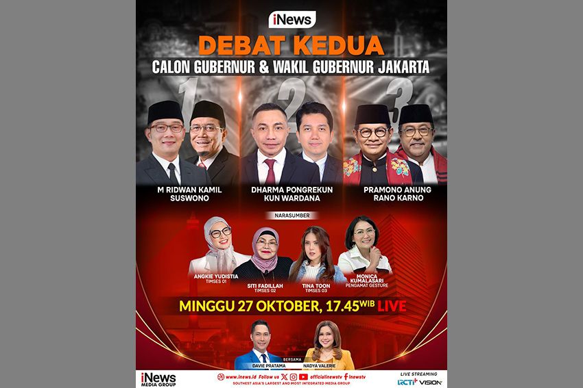 Jangan Lewatkan Debat Kedua Cagub dan Cawagub Jakarta 2024 bersama Davie Pratama dan Nadya Valerie, Minggu 27 Oktober Pukul 17.45 WIB Live di iNews