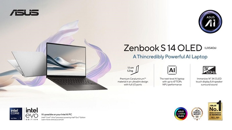 ASUS Zenbook S 14 OLED (UX5406), Laptop Tipis Premium Pertama dengan Intel® Core™ Ultra (Series 2)