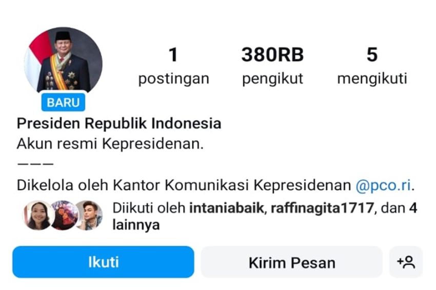 Istana Bikin Akun Instagram Resmi Presiden Prabowo, Ini Namanya